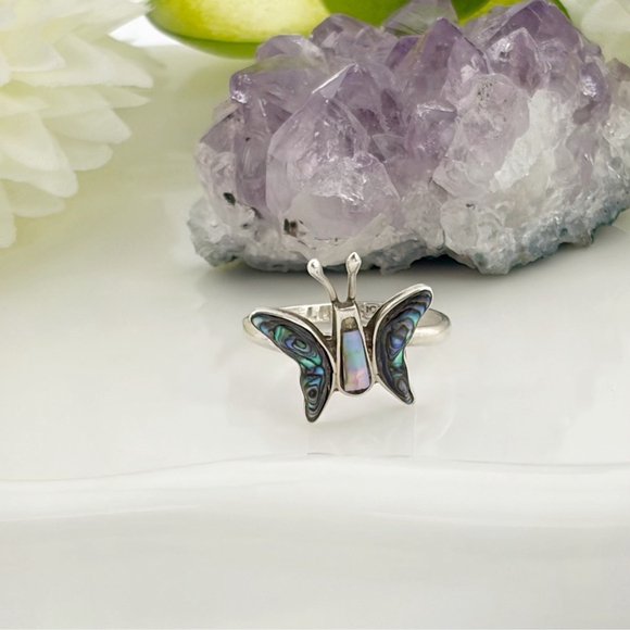 Vintage Sterling Silver 925 Southwest Abalone Butterfly Ring Size 5 6 7 7.5 - Picture 5 of 11